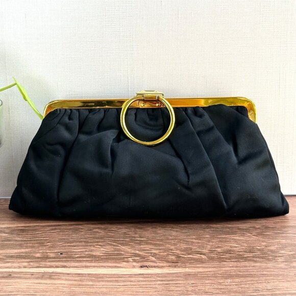 Vintage Black Satin Evening Purse with Gold-Tone Frame & Snap Closure - Picture 4 of 11